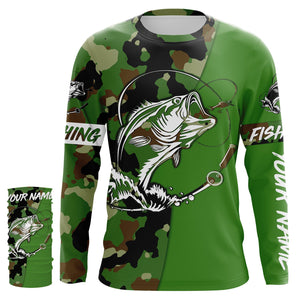 Custom Name bass fishing tattoos Camouflage green camo shirt Performance Fishing Shirt, Bass Fishing Jerseys NQS2570
