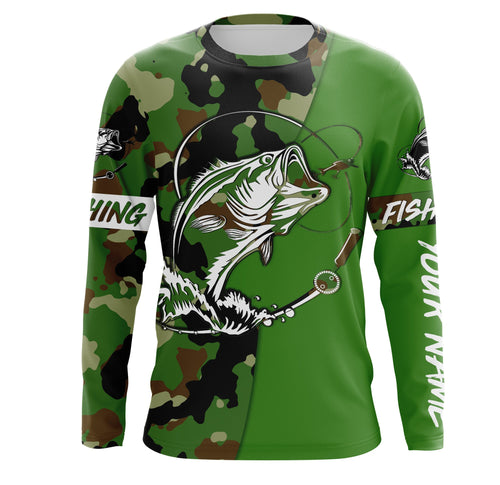 Custom Name bass fishing tattoos Camouflage green camo shirt Performance Fishing Shirt, Bass Fishing Jerseys NQS2570