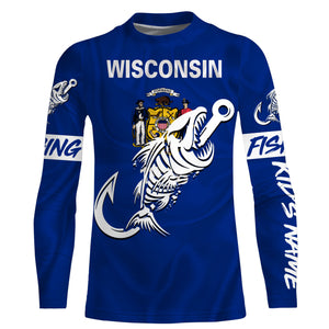 WI Wisconsin Fishing Flag Fish hook skull Custom sun protection fishing shirts for men, women, kid NQS3410