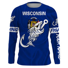 Load image into Gallery viewer, WI Wisconsin Fishing Flag Fish hook skull Custom sun protection fishing shirts for men, women, kid NQS3410