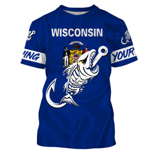 WI Wisconsin Fishing Flag Fish hook skull Custom sun protection fishing shirts for men, women, kid NQS3410
