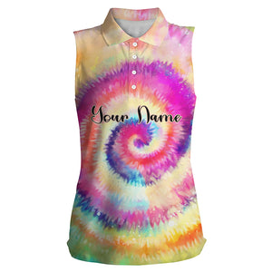 Womens sleeveless polo shirts rainbow tie dye background custom name golf shirt, golfing gift NQS4071