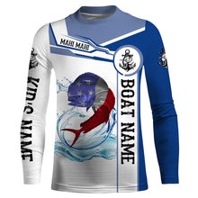 Load image into Gallery viewer, Mahi mahi Dorado Fishing American Flag Custom name and boat name performance Long Sleeve Fishing Shirts, Patriotic Fishing gifts NQS2331