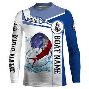 Mahi mahi Dorado Fishing American Flag Custom name and boat name performance Long Sleeve Fishing Shirts, Patriotic Fishing gifts NQS2331