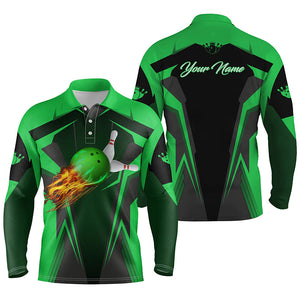 Personalized Men Bowling Polo Shirt Flame Bowling Ball and Pins, bowling polo for men bowlers | Green NQS4503
