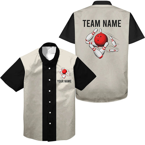 Personalized Beige and Black Retro Bowling hawaiian shirts Custom vintage Team button up shirts NQS7000