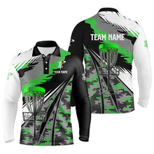 Load image into Gallery viewer, Mens disc golf polo shirts custom green camo disc golf basket disc golf outfit, team disc golf apparel NQS7003