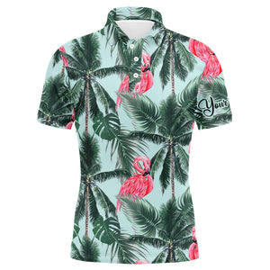 Men golf polo upf shirts with Pink flamingos tropical palm leaves custom team golf polo shirts NQS3712