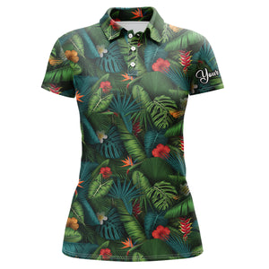 Women golf polo shirt with tropical summer leaves background custom team golf polo shirts NQS3714