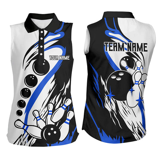 Black white retro bowling league jersey custom Women Bowling sleeveless Polos, gifts for bowlers| Blue NQS7154
