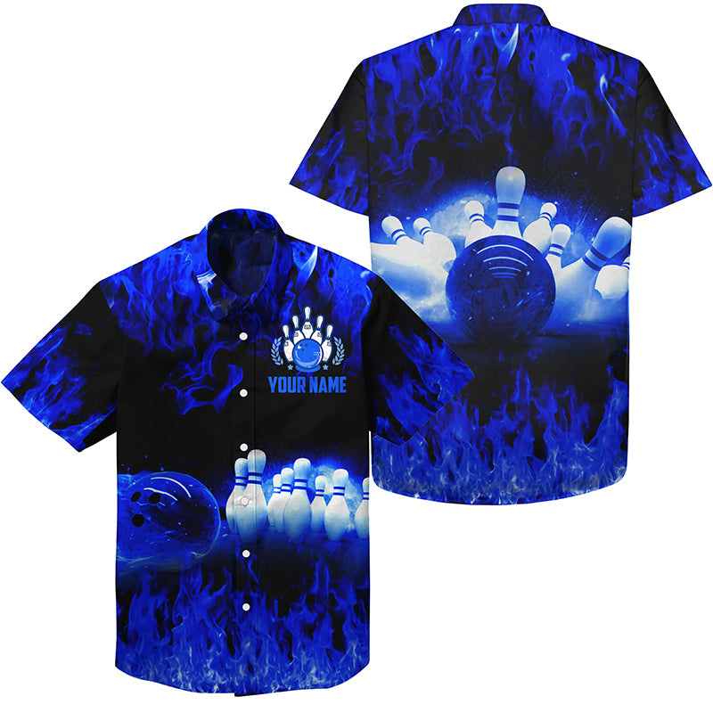 Custom Blue Hawaiian bowling shirt for men – personalized team jersey front view