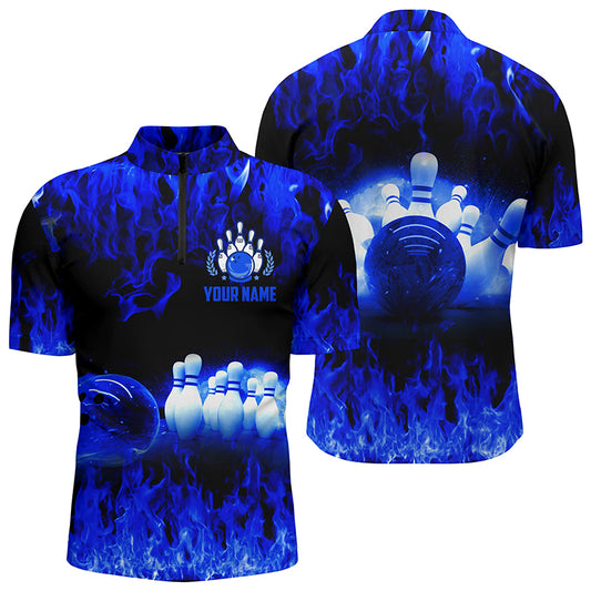 Custom Blue bowling shirt for men – personalized team jersey front view