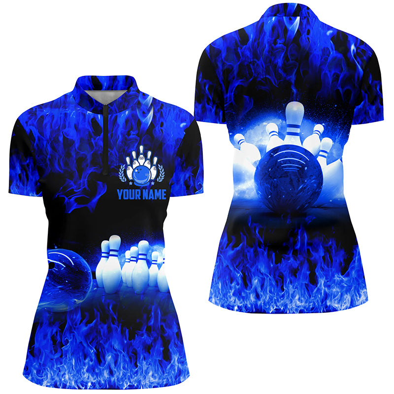 Custom Blue bowling shirt for women – personalized team jersey front view