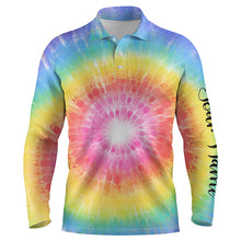 Load image into Gallery viewer, Mens golf polo shirts with rainbow coloured tie dye painted custom name pattern golf shirt for men NQS4660