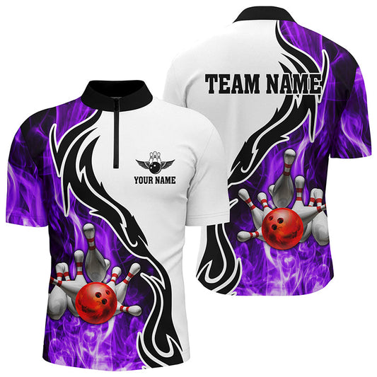 Mens bowling Quarter Zip shirt Custom bowling ball pins strike team league jersey, bowl gifts | Purple NQS6344