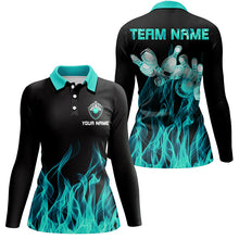 Load image into Gallery viewer, Turquoise flame Womens bowling polo shirt black Bowling Jerseys Personalized Bowling Team Shirts NQS6822