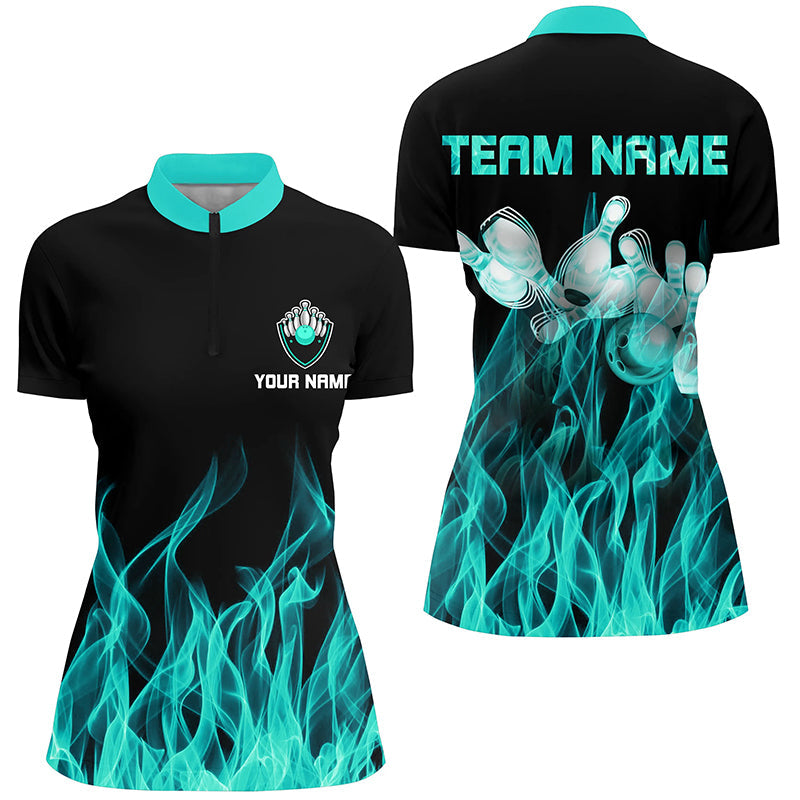 Turquoise flame Bowling Quarter-Zip Shirt Women black Bowling Jerseys Personalized Bowling Team Shirts NQS6822