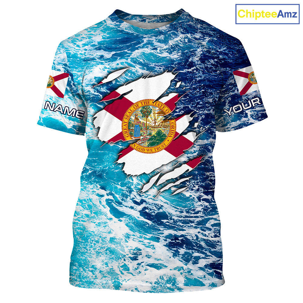 Blue sea wave ocean camo Florida flag shirt Custom sun protection fishing fishing long sleeve shirts NQS3455