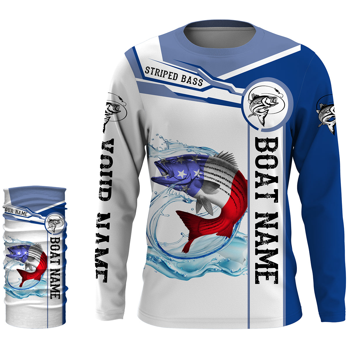 Striped Bass Fishing American Flag Custom name and boat name performance Long Sleeve Fishing Shirts, Patriotic Fishing gifts NQS2352
