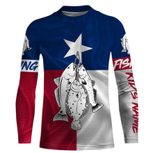 Load image into Gallery viewer, Texas slam redfish, speckled trout, flounder fishing Texas flag patriotic Custom name UV protection performance fishing shirt NQS2618