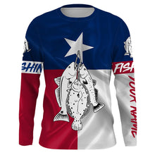 Load image into Gallery viewer, Texas slam redfish, speckled trout, flounder fishing Texas flag patriotic Custom name UV protection performance fishing shirt NQS2618