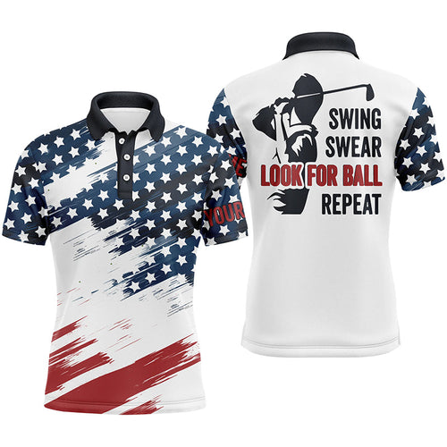 American flag Mens golf polos shirts custom name patriot golf gifts, swing swear look for ball repeat NQS4535