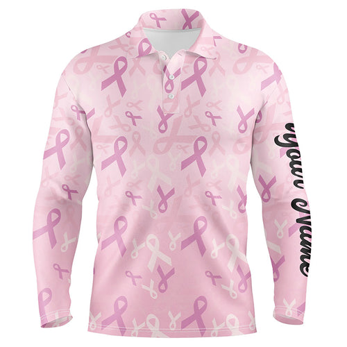 Pink ribbon pattern Breast Cancer Awareness golf shirts custom name Mens golf polo shirts NQS6377