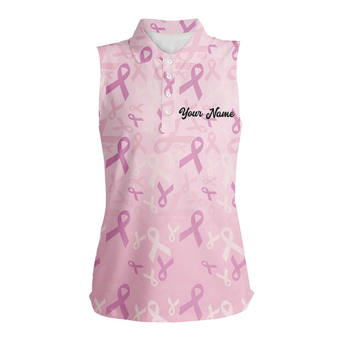 Pink ribbon pattern Breast Cancer Awareness golf shirts custom name Women sleeveless polo shirts NQS6377