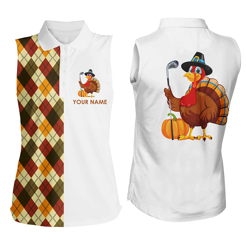 Thanksgiving argyle plaid pattern custom Women sleeveless polo shirt, Turkey Bird golf tops for ladies NQS6850