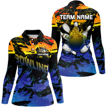 Load image into Gallery viewer, Blue and yellow camo bowling polo shirts for women Custom Team bowling jerseys, gift for bowlers NQS7284