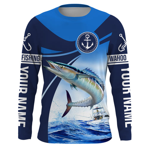 Wahoo fishing blue sea underwater ocean saltwater Custom Name performance long sleeve fishing shirt NQS3745