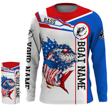 Load image into Gallery viewer, Angry Largemouth Bass American flag patriot fishing Custom name and boat name tournament fishing shirt NQS4551