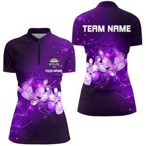 Womens Bowling Quarter-Zip Shirt Custom Purple flashes of lightning thunder bowling team Ladies Jersey NQS7045