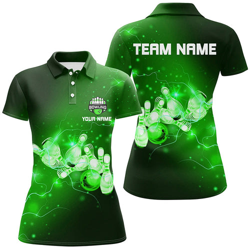 Womens Bowling Polo Shirt Custom Green flashes of lightning thunder bowling team Ladies bowler Jersey NQS7046