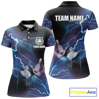 Custom blue bowling shirt for women – personalized team jersey front view
