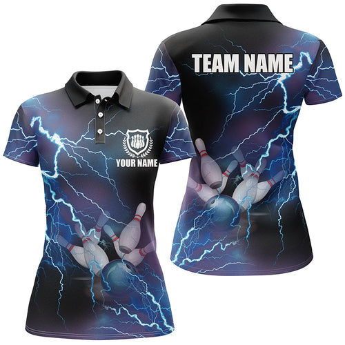 Women bowling polo shirts Custom blue lightning thunder Bowling Team Jersey, gift for team Bowlers NQS5244
