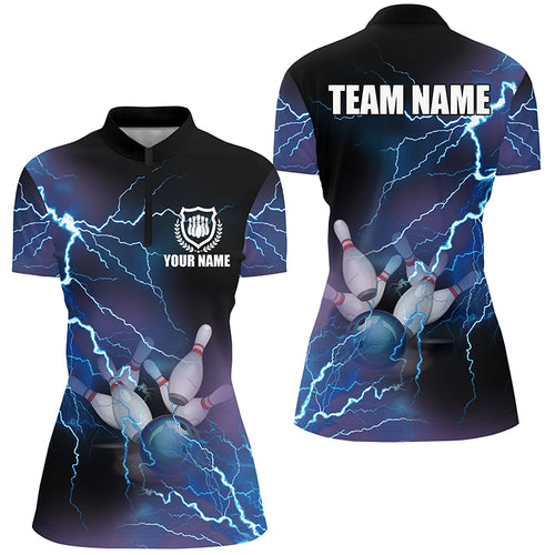 Womens bowling Quarter Zip shirts Custom blue lightning thunder Bowling Team Jersey, gift for Bowlers NQS5244