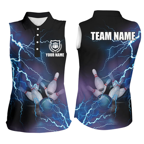 Women bowling sleeveless polo shirts Custom blue lightning thunder Bowling Team Jersey NQS5244