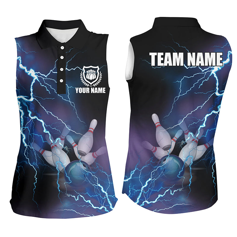 Women bowling sleeveless polo shirts Custom blue lightning thunder Bowling Team Jersey NQS5244