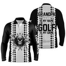 Load image into Gallery viewer, Black white Mens golf polos shirts custom skull golf gift for Grandpa is my name, golf is my game NQS5249