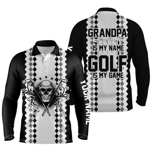 Black white Mens golf polos shirts custom skull golf gift for Grandpa is my name, golf is my game NQS5249