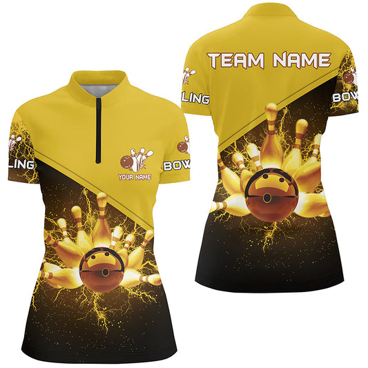 Womens Quarter Zip shirt Custom gold lightning thunder Bowling Team Jersey, gift for team Bowlers NQS6383