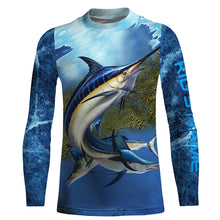 Load image into Gallery viewer, Marlin fishing blue deep sea Custom UPF fishing Shirts jersey, custom fishing shirts with hood NQS3217