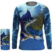 Load image into Gallery viewer, Sailfish fishing blue deep sea Custom UPF fishing Shirts jersey, custom fishing shirts with hood NQS3218