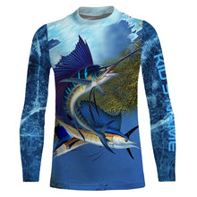 Load image into Gallery viewer, Sailfish fishing blue deep sea Custom UPF fishing Shirts jersey, custom fishing shirts with hood NQS3218