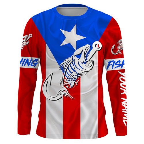 Puerto Rico Fishing Custom Flag Fish hook skull Custom sun protection fishing shirts for men, women NQS3319