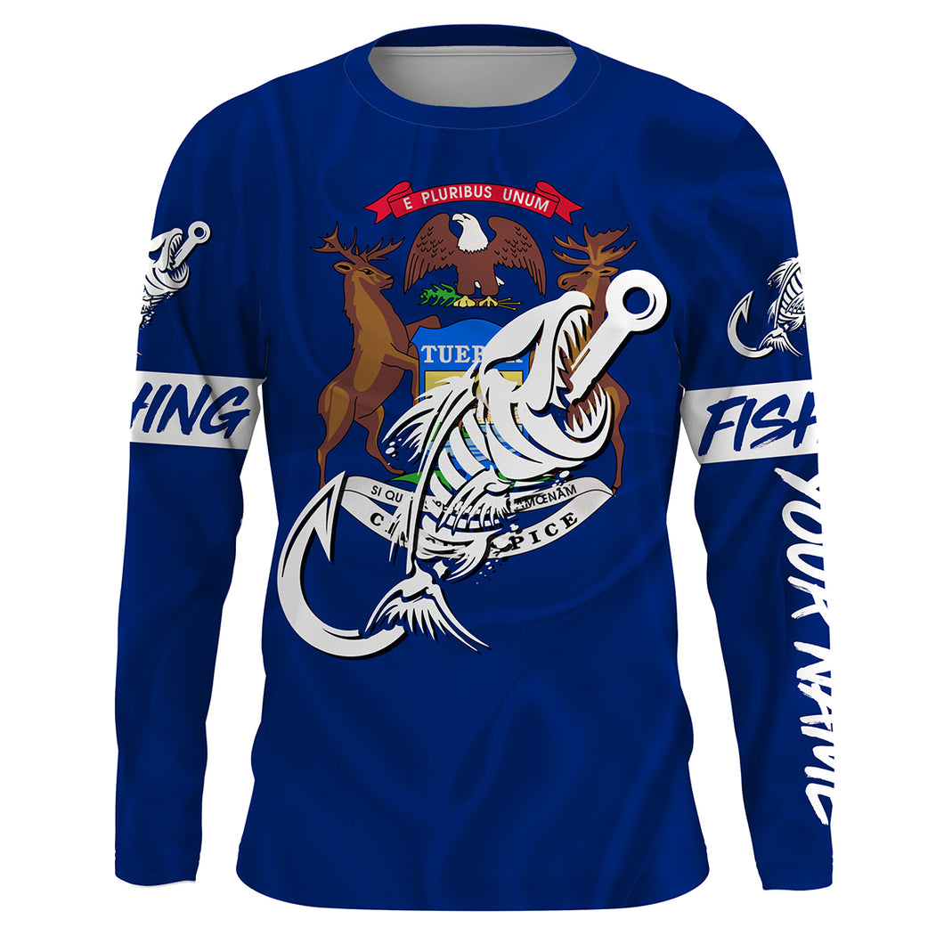 MI Fishing Custom Michigan Flag Fish hook skull Custom sun protection fishing shirts for men, women NQS3321
