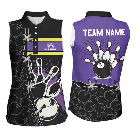 Women Bowling camo sleeveless polo shirt Custom Team bowling league jerseys, gift for bowlers | Purple NQS7306