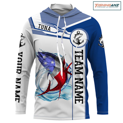 Tuna Fishing crew American Flag Customize name and team name performance Long Sleeve Fishing Shirts, Patriotic Fishing gifts NQS2383