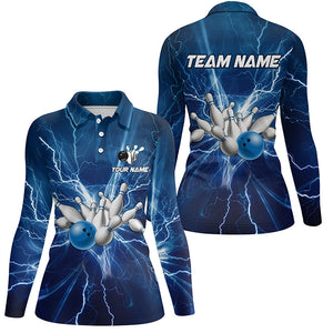 Women bowling polo shirts Custom blue lightning thunder Bowling Team Jersey, gift for team Bowlers NQS6638